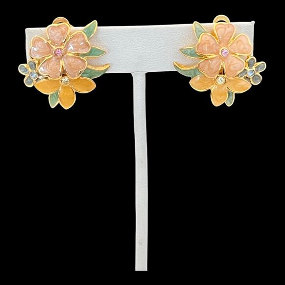 New Signed Joan Rivers Flower Enamel Crystals Gold Tone Clip On 4O - Picture 4 of 4